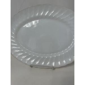Anchor Hocking Vtg Milk Glass Serving Platter Ovenware Gold Rim 13" Oval